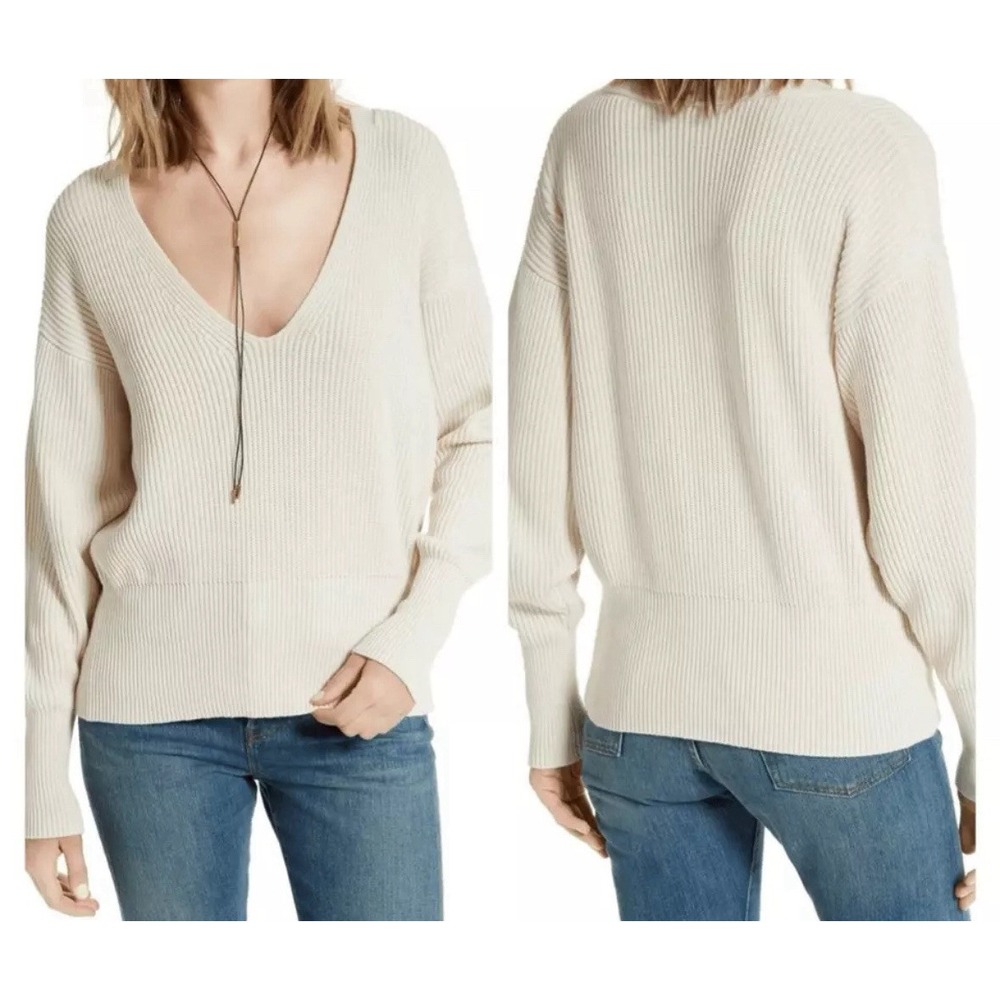 Free People Allure Pullover Sweater V Neck Ribbed Knit Ivory Cream Womens Small
